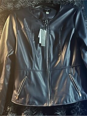 Tahari Navy Blue Faux Leather Zip-Front Jacket
